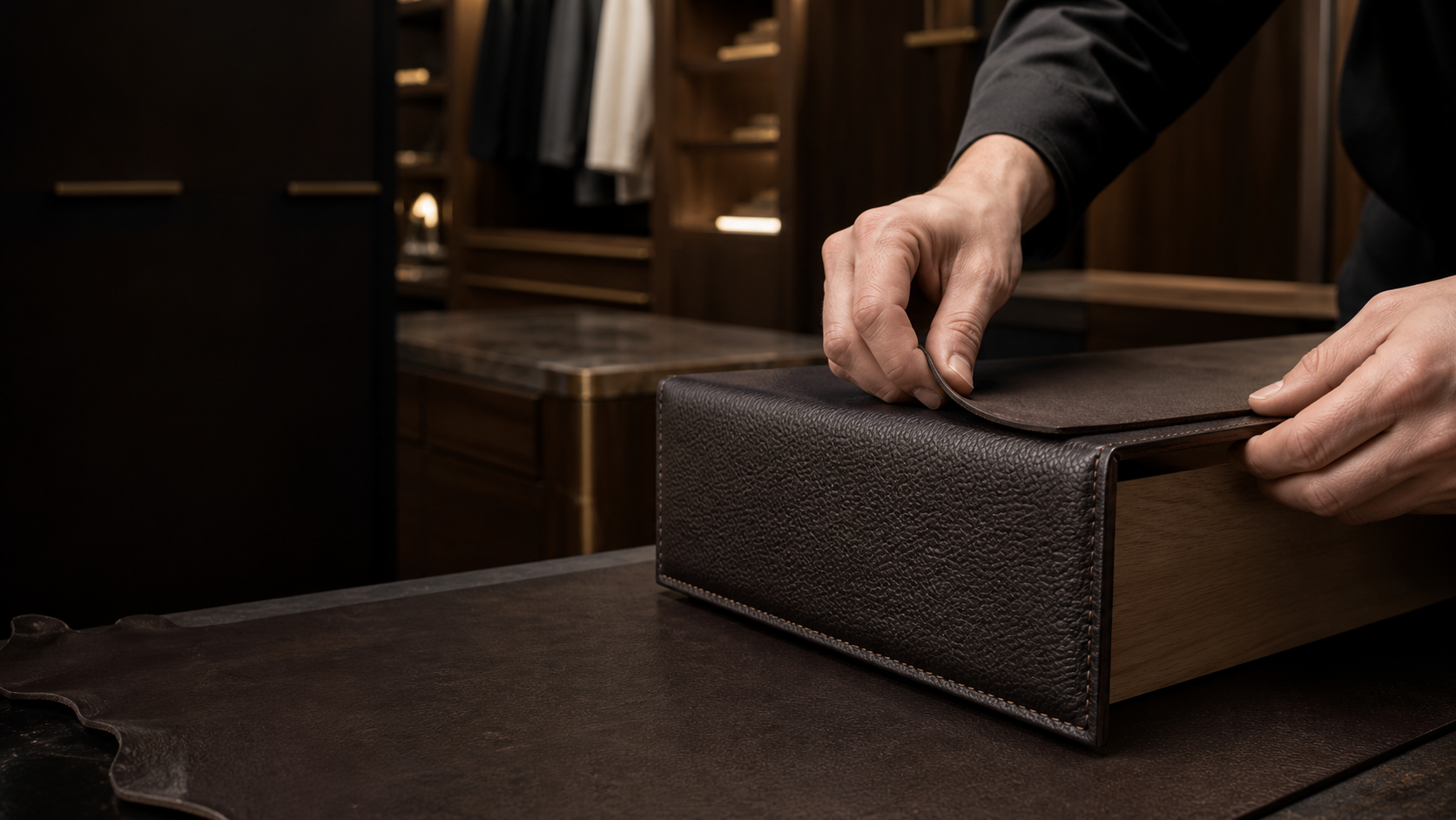 Artisan wrapping a custom cabinet drawer in genuine leather